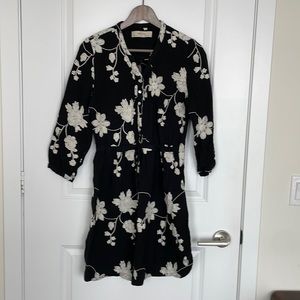 Anthropologie black cotton dress with cream coloured floral flower embroidery